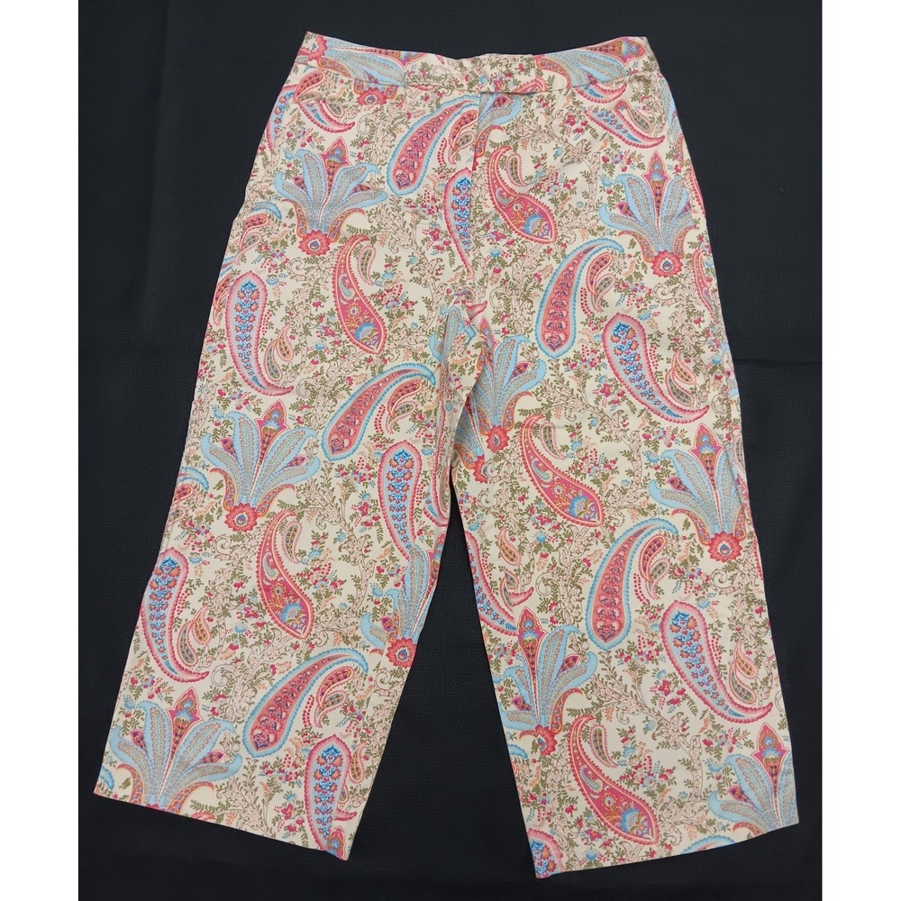 Talbots Womens 8 Paisley Floral Stretch Crop Pants Pink Blue Cream Cotton Blend
